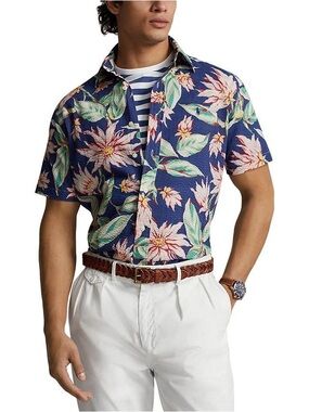 Ralph Lauren Seersucker 100% cotton Blue Floral Short-Sleeve Button-Down Shirt
